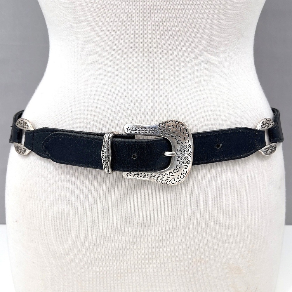 Womens Black Leather Western Belt Etched Silver Concho Coastal Cowgirl 90s M